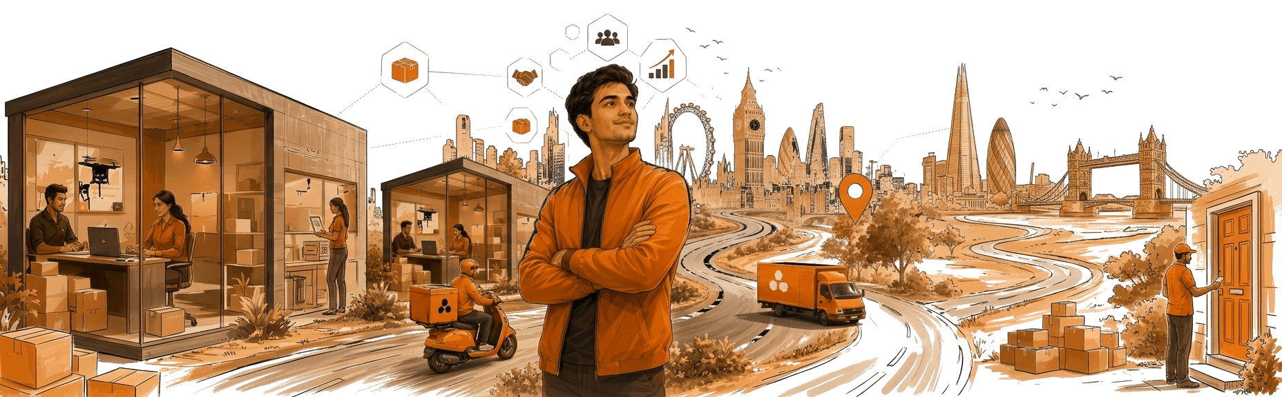 An entrepreneur in front of the London skyline surrounded by CitoBee delivery riders, trucks and a local store