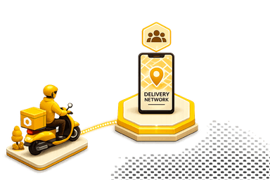 A delivery rider on a scooter connected to the delivery network