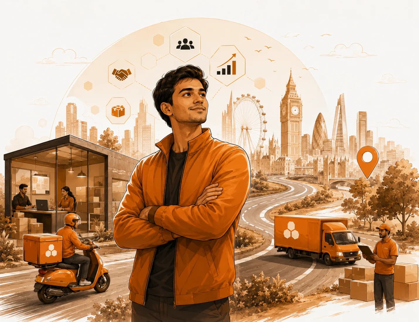 An entrepreneur in front of the London skyline surrounded by CitoBee delivery riders, trucks and a local store