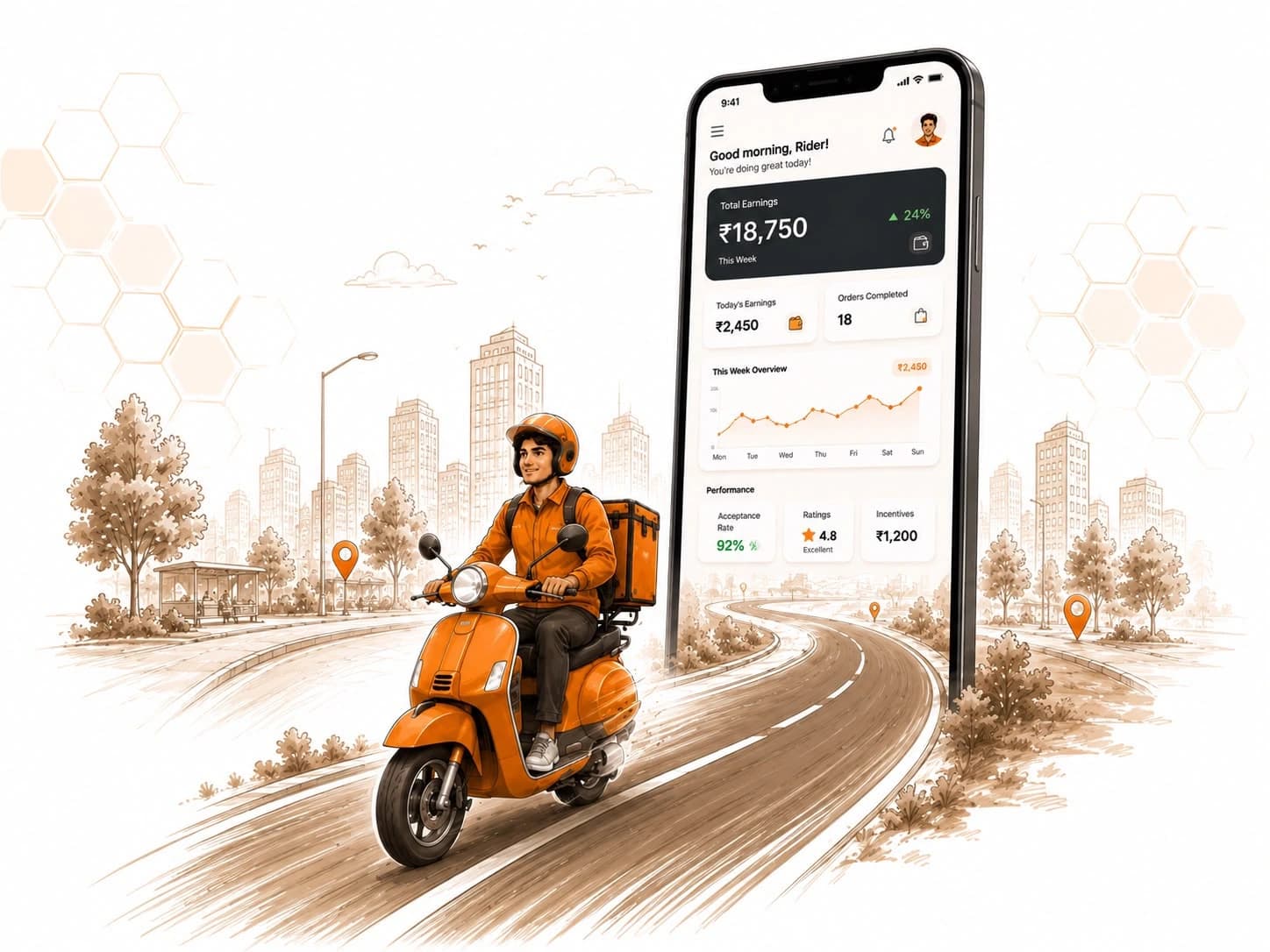 A ZipBee rider on a scooter beside the rider app earnings dashboard